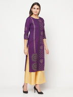 Aniyah Cotton Foil Print Purple Straight Kurta | Grocsy