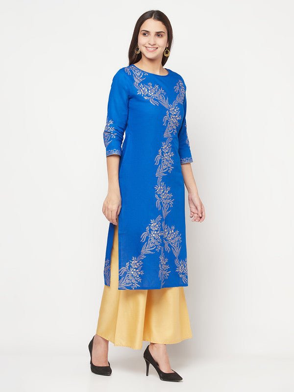 Aniyah Cotton Foil Print Royal Blue Straight Kurta | Grocsy