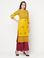 Aniyah Mustard Cotton Block Print Straight Kurta | Grocsy