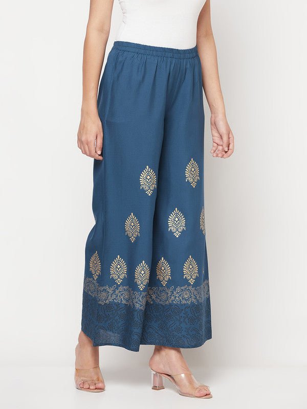 Aniyah Rayon Block Print Flared Slip-on Blue Palazzo | Grocsy