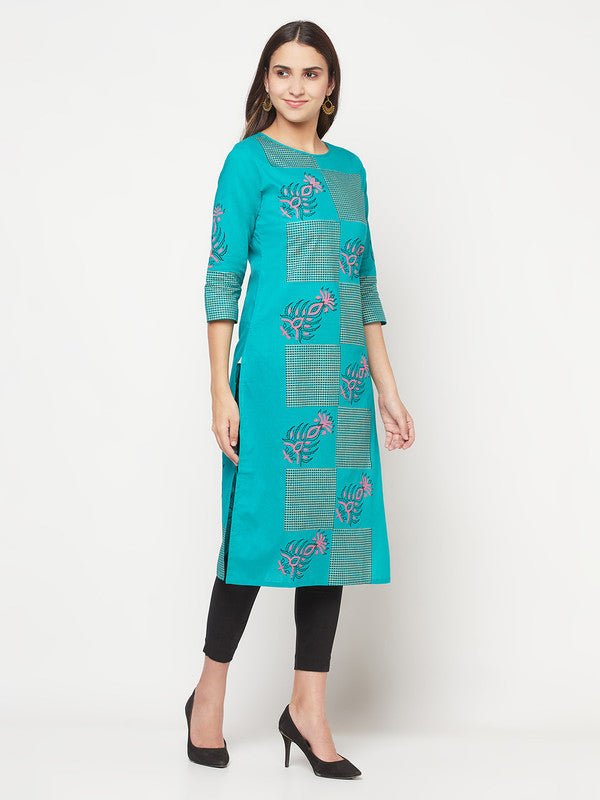 Aniyah Cotton Block Print Turquoise Straight Kurta | Grocsy