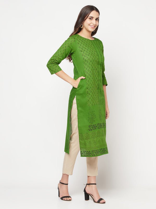 Aniyah Green Cotton Block print straight kurta | Grocsy