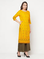 Aniyah Rayon Screen Print Mustard Straight Kurta | Grocsy