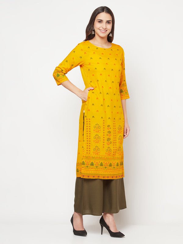 Aniyah Rayon Screen Print Mustard Straight Kurta | Grocsy