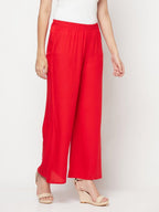 Aniyah Rayon Flared Slip-On Red Palazzo | Grocsy