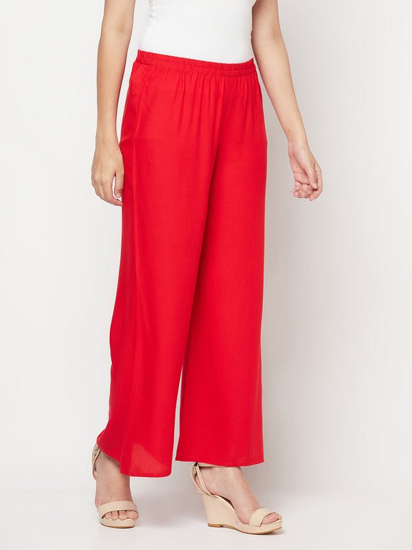 Aniyah Rayon Flared Slip-On Red Palazzo | Grocsy