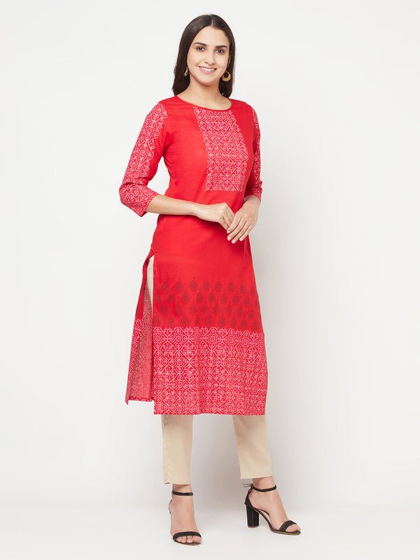 Aniyah Cotton Block Print Red Straight Kurta | Grocsy