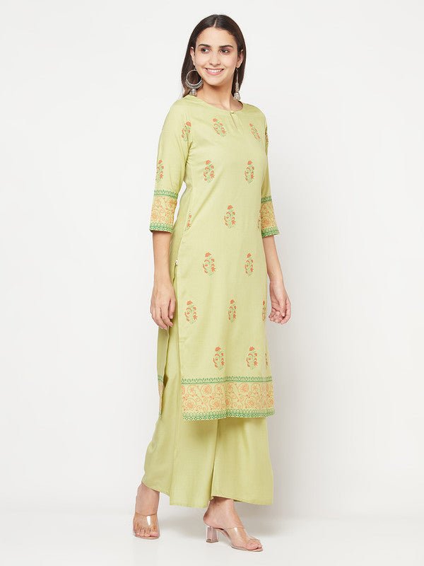 Aniyah Rayon Screen Print Pista Green Straight Kurta | Grocsy