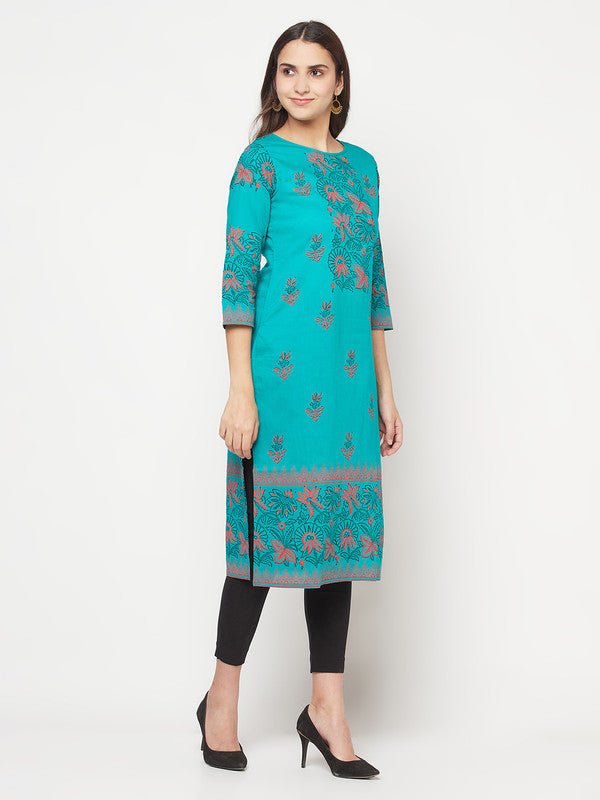 Aniyah Turquoise Cotton Block Print Straight Kurta | Grocsy