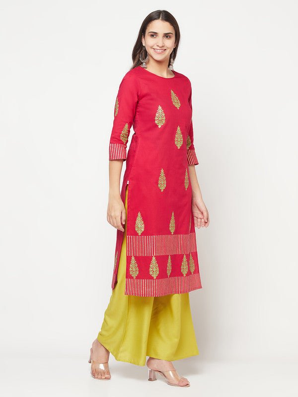 Aniyah Cotton Block Print Fuchsia Color Straight Kurta | Grocsy
