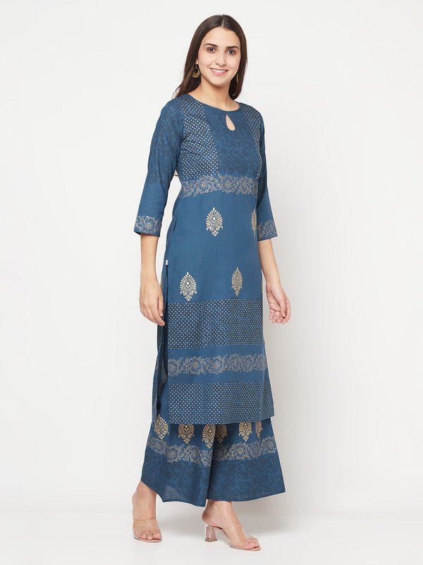 Aniyah Rayon Block Print Blue Straight Kurta Palazzo Set | Grocsy