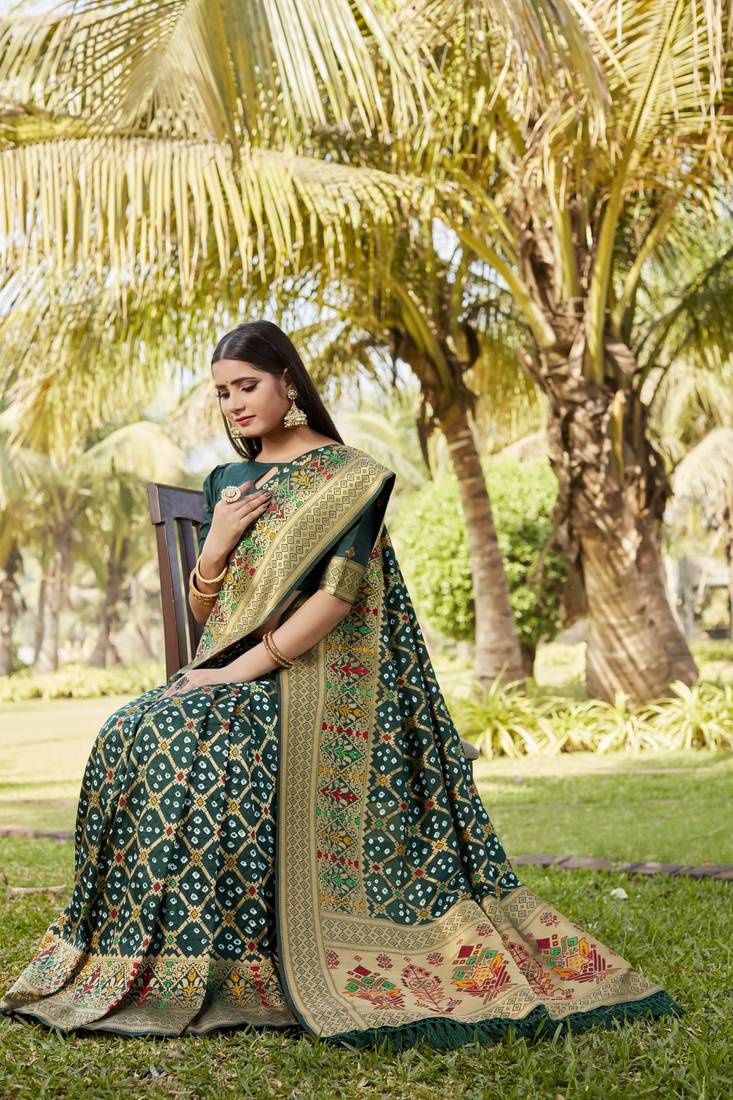 Anaita Green Woven Design Pure Gharchola Bandhej Silk Saree With Blouse | Grocsy