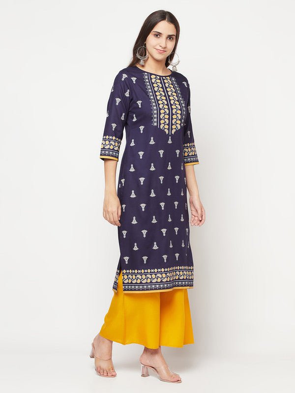 Aniyah Rayon Screen Print Navy Blue Straight Kurta | Grocsy