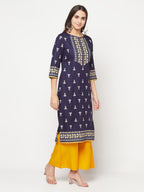 Aniyah Rayon Screen Print Navy Blue Straight Kurta | Grocsy