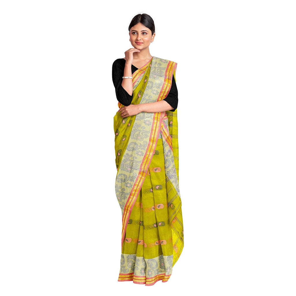 Exclusive Collection 100% Pure Cotton Olive Tant Saree With Hand Weaving Work | Grocsy
