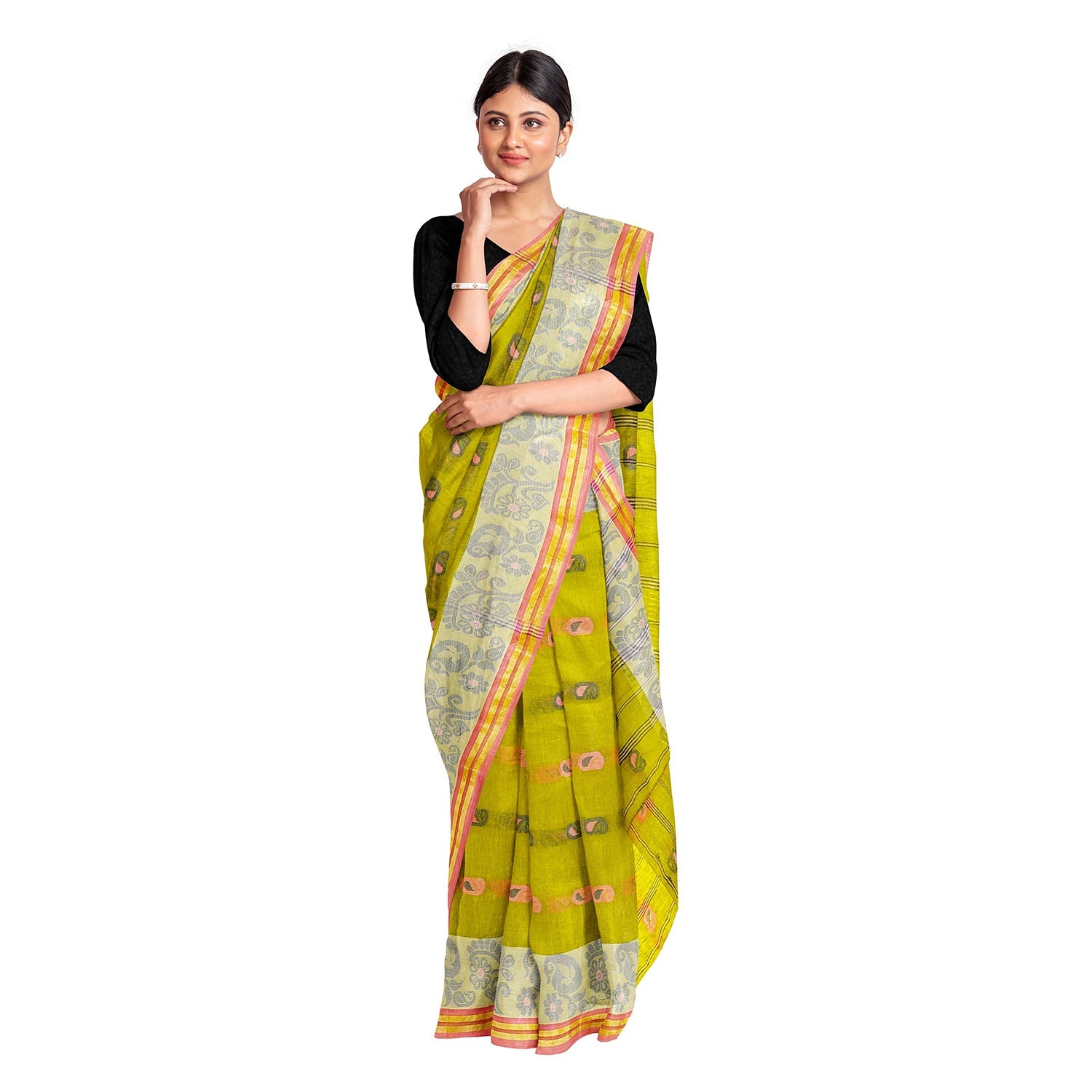 Exclusive Collection 100% Pure Cotton Olive Tant Saree With Hand Weaving Work | Grocsy