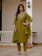 Pramukh Fab Mehendi Green Color Viscose Mango Silk Kurta Set | Grocsy