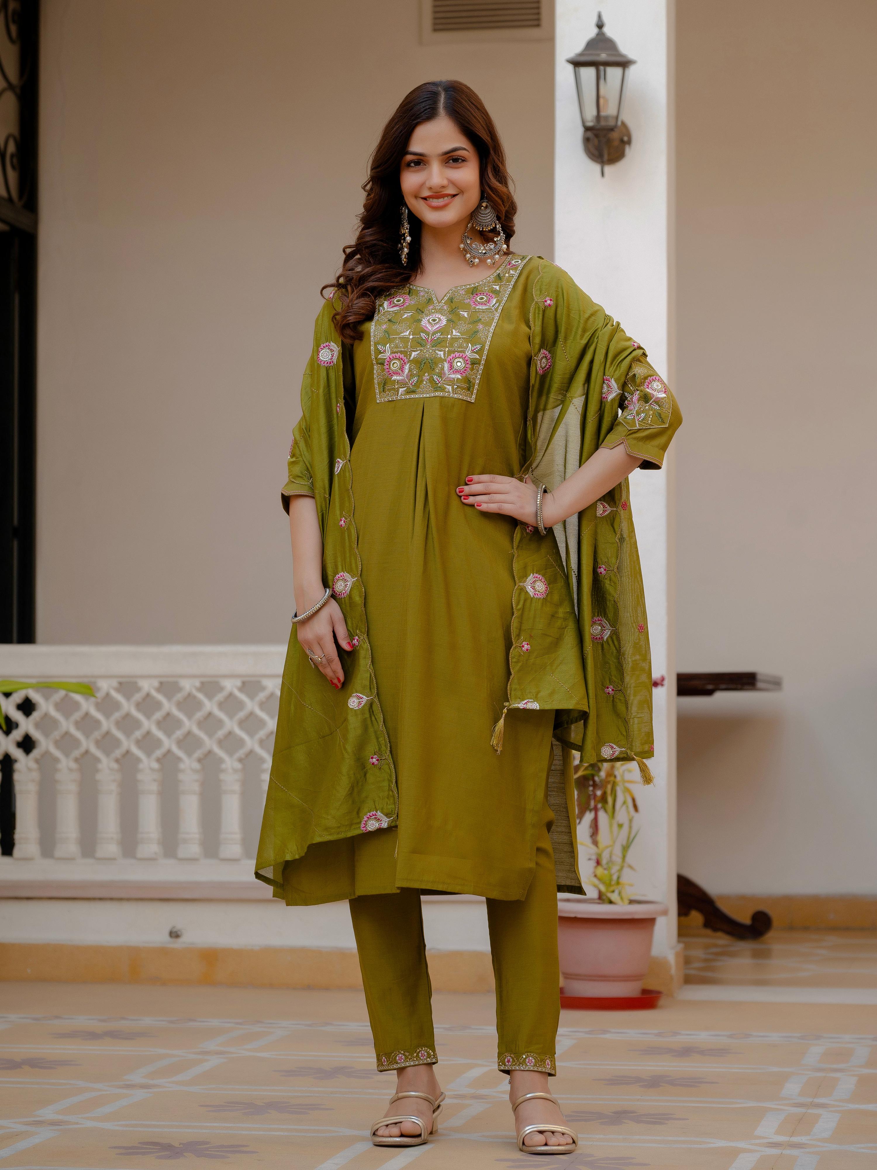 Pramukh Fab Mehendi Green Color Viscose Mango Silk Kurta Set | Grocsy