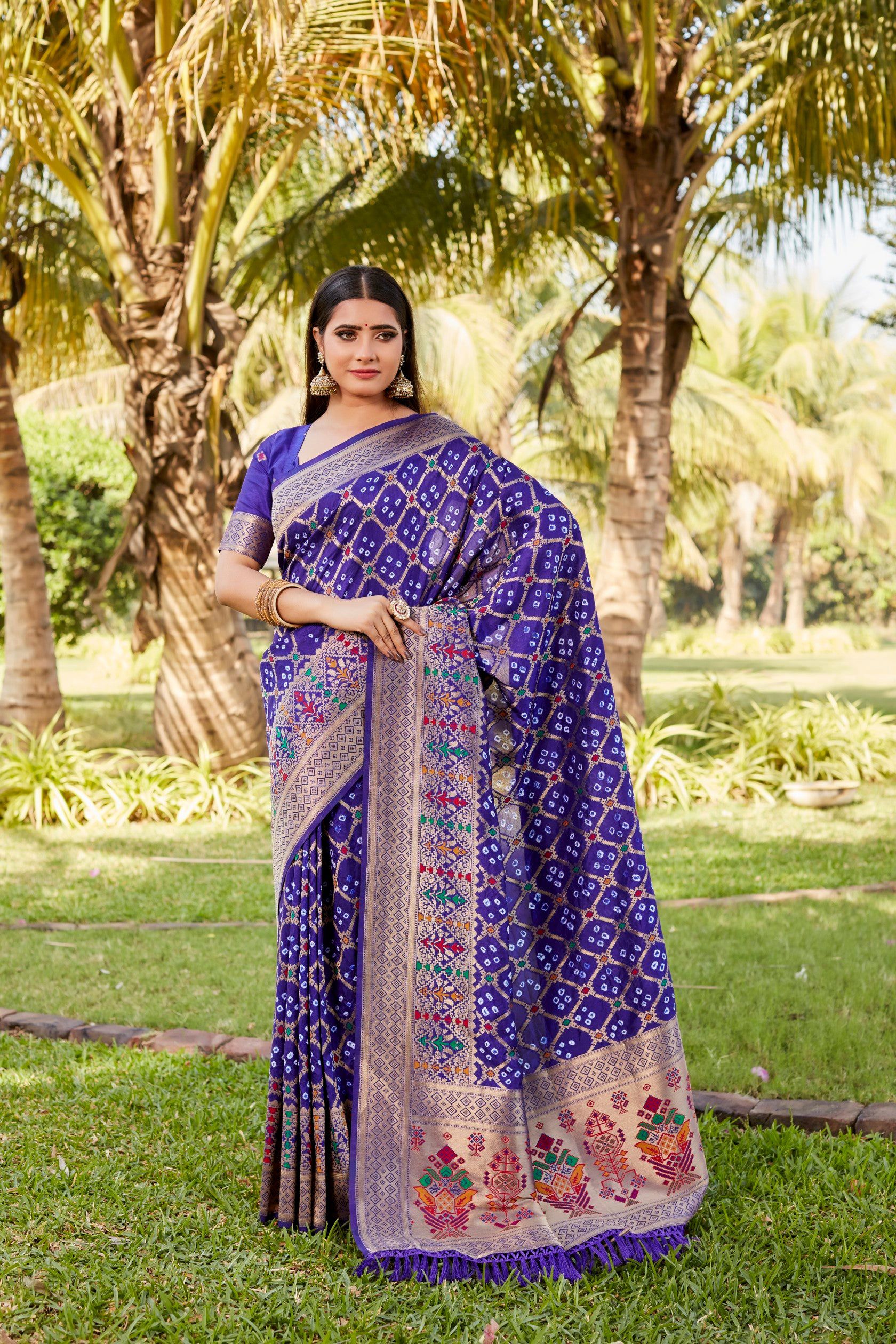 Anaita Violet Woven Design Pure Gharchola Bandhej Silk Saree With Blouse | Grocsy