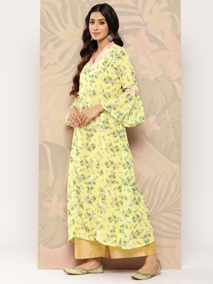 Ahalyaa Floral Printed Bell Sleeves Gotta Patti Georgette Kurta | Grocsy