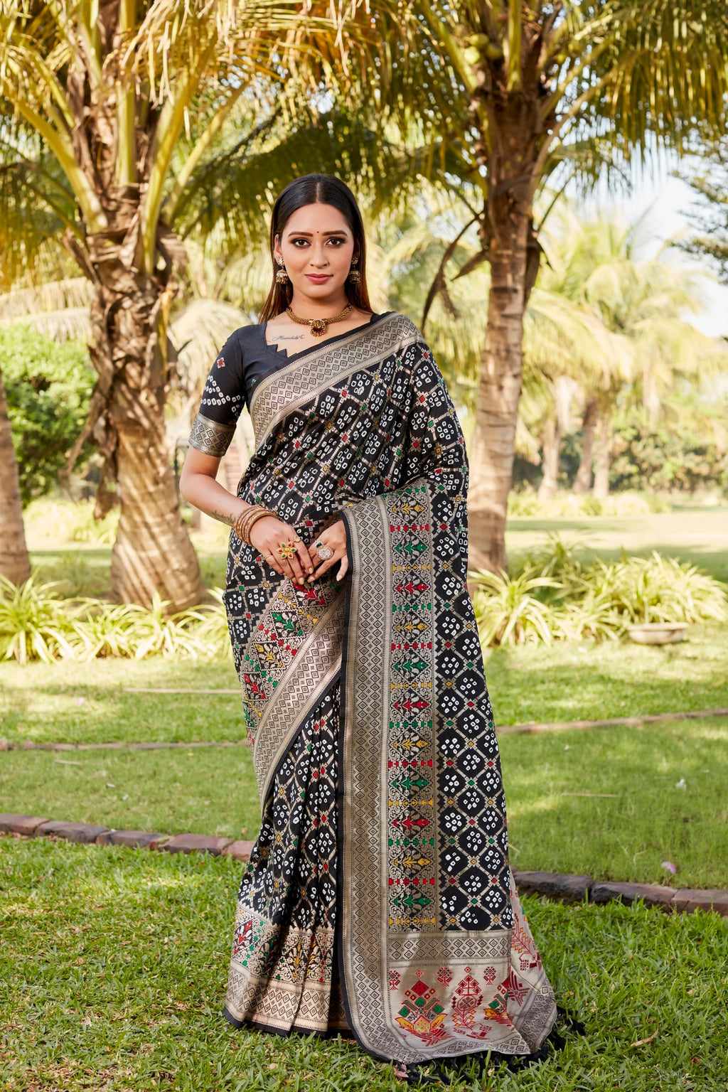 Anaita Black Woven Design Pure Gharchola Bandhej Silk Saree With Blouse | Grocsy