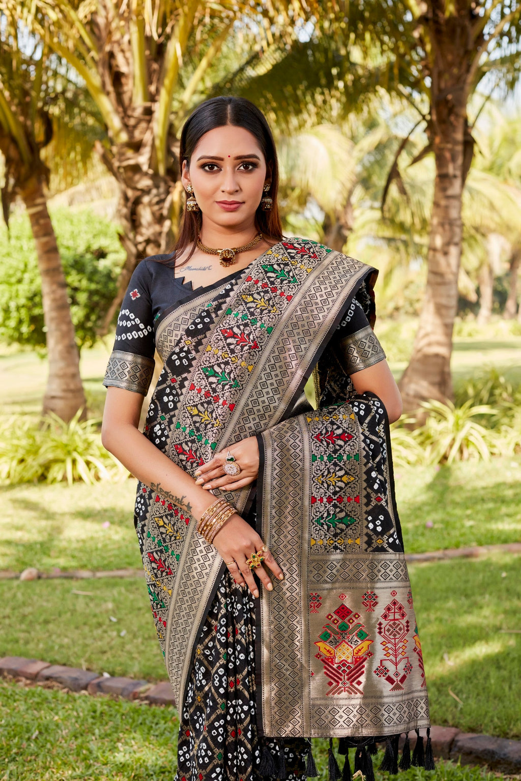 Anaita Black Woven Design Pure Gharchola Bandhej Silk Saree With Blouse | Grocsy