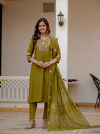Pramukh Fab Mehendi Green Color Viscose Mango Silk Kurta Set | Grocsy