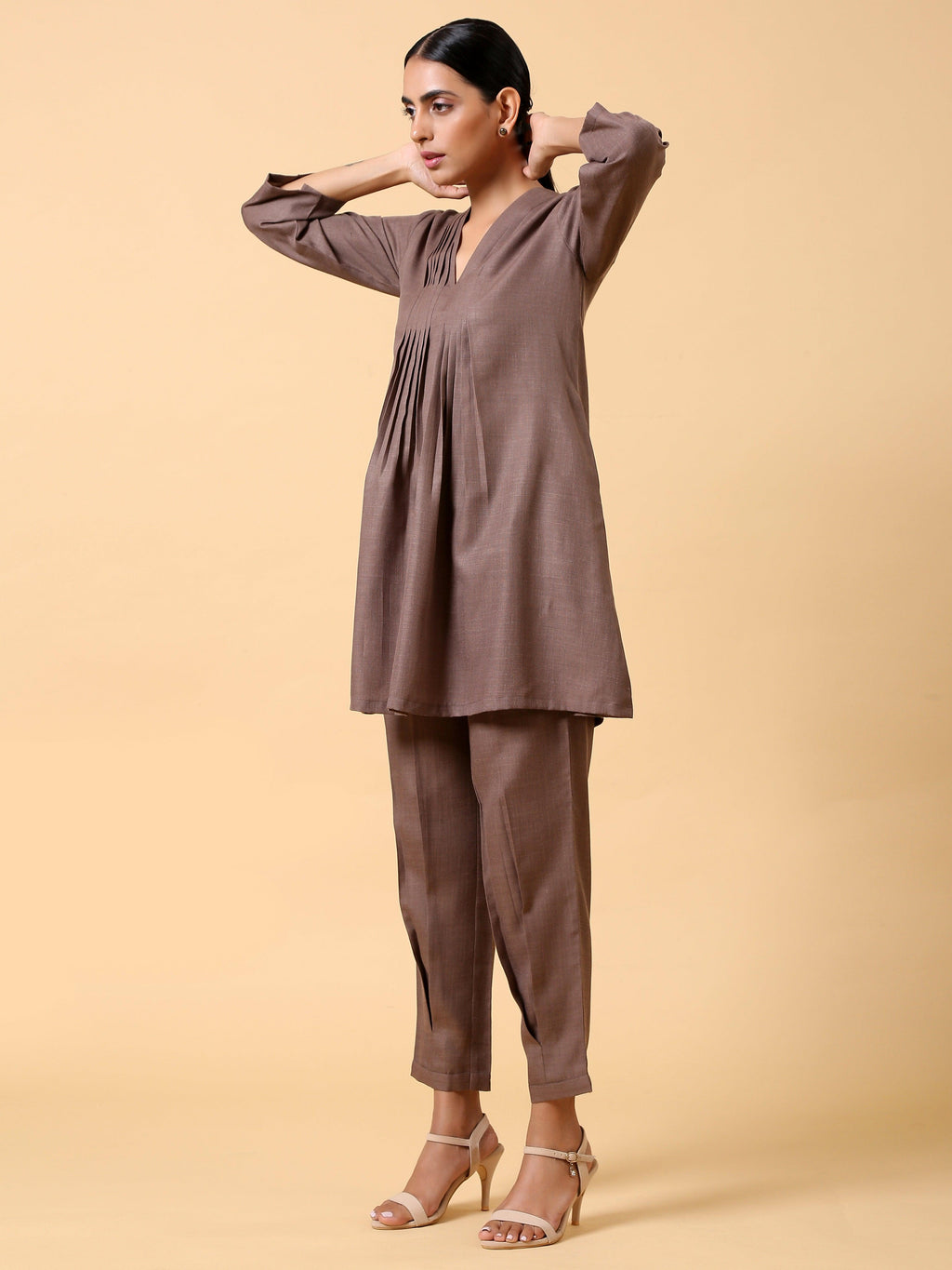 trueBrowns Cotton Linen Burnt Brown Pleated Co-Ord Set | Grocsy