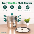 The Indus Valley Tri-steel Multi Cooker Pot Premium Stainless Steel Momo Maker/ Idiyappam/ Biryani/  Veg Steaming Set, 3 Pots, 21cm | Grocsy