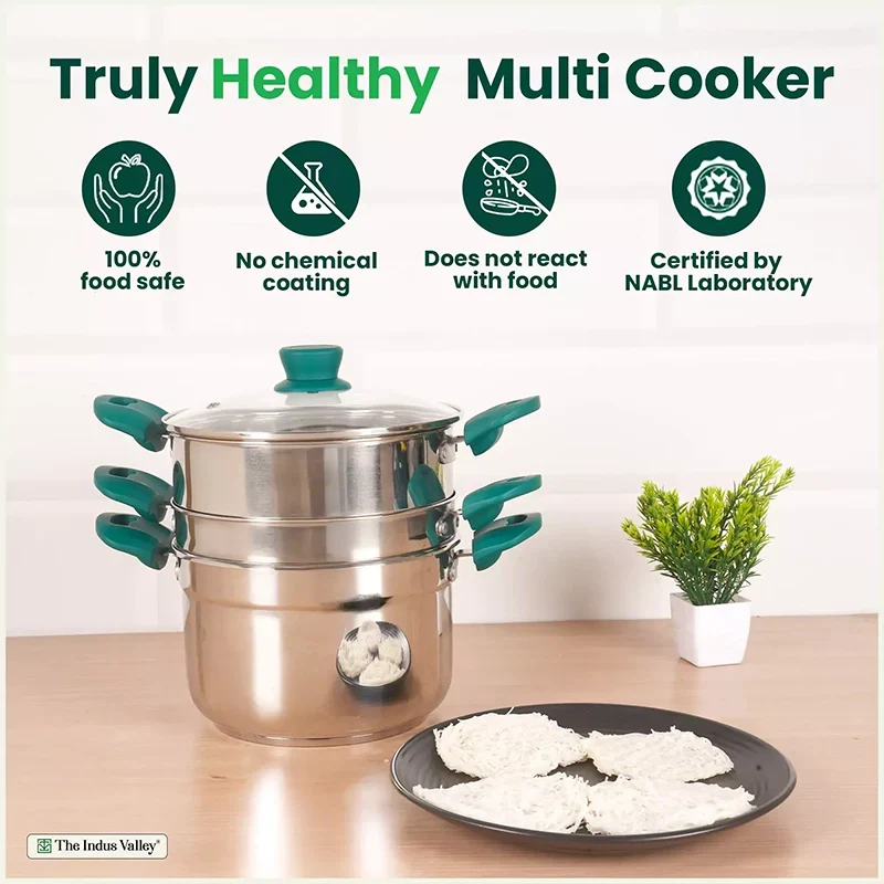 The Indus Valley Tri-steel Multi Cooker Pot Premium Stainless Steel Momo Maker/ Idiyappam/ Biryani/  Veg Steaming Set, 3 Pots, 21cm | Grocsy