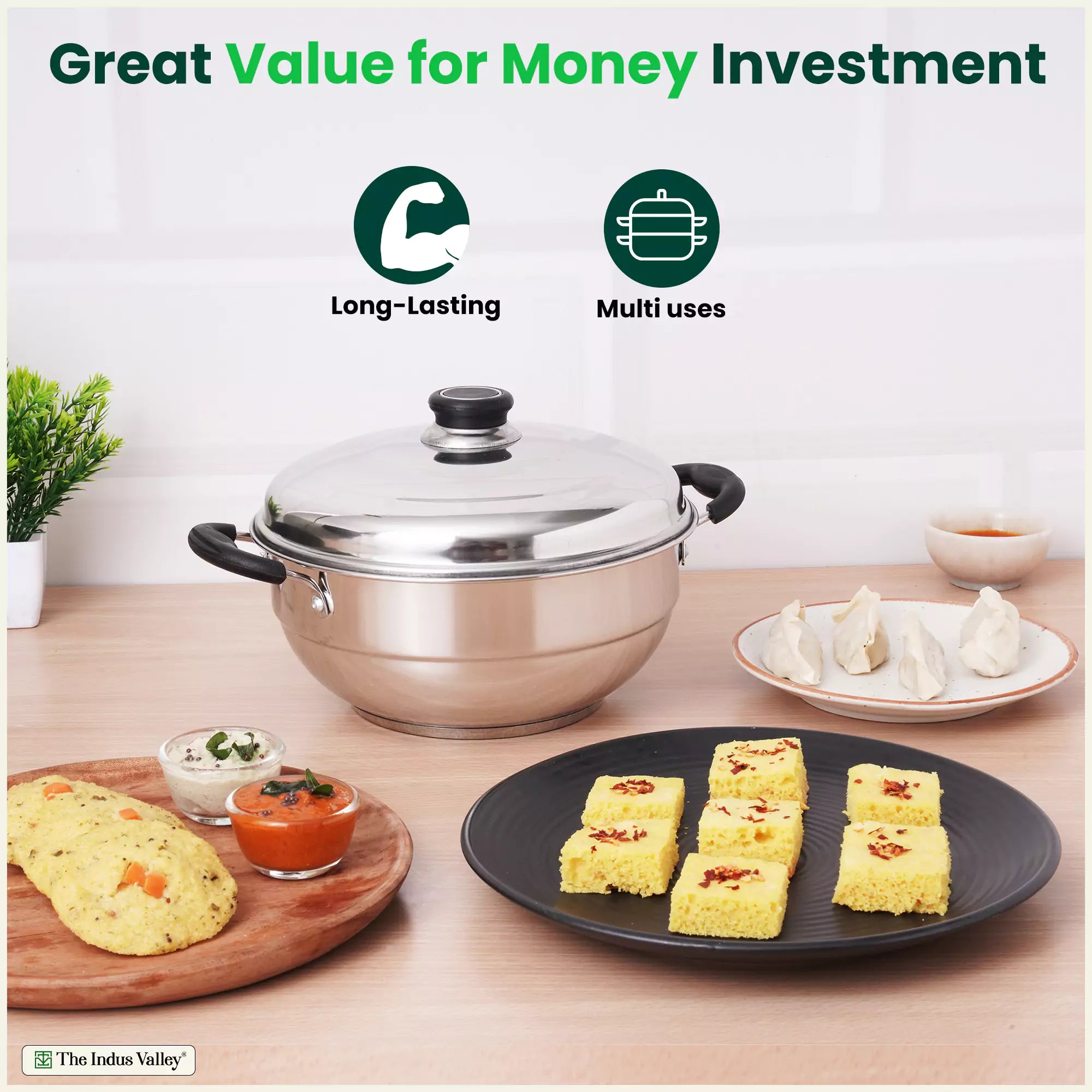 The Indus Valley 8 Pit Tri-Steel Multi Pot Premium Stainless Steel Idli/ Dhokla/ Momo Maker/ Veg Steaming Set, Tri-ply Induction Bottom, 5 Plates, 3L | Grocsy
