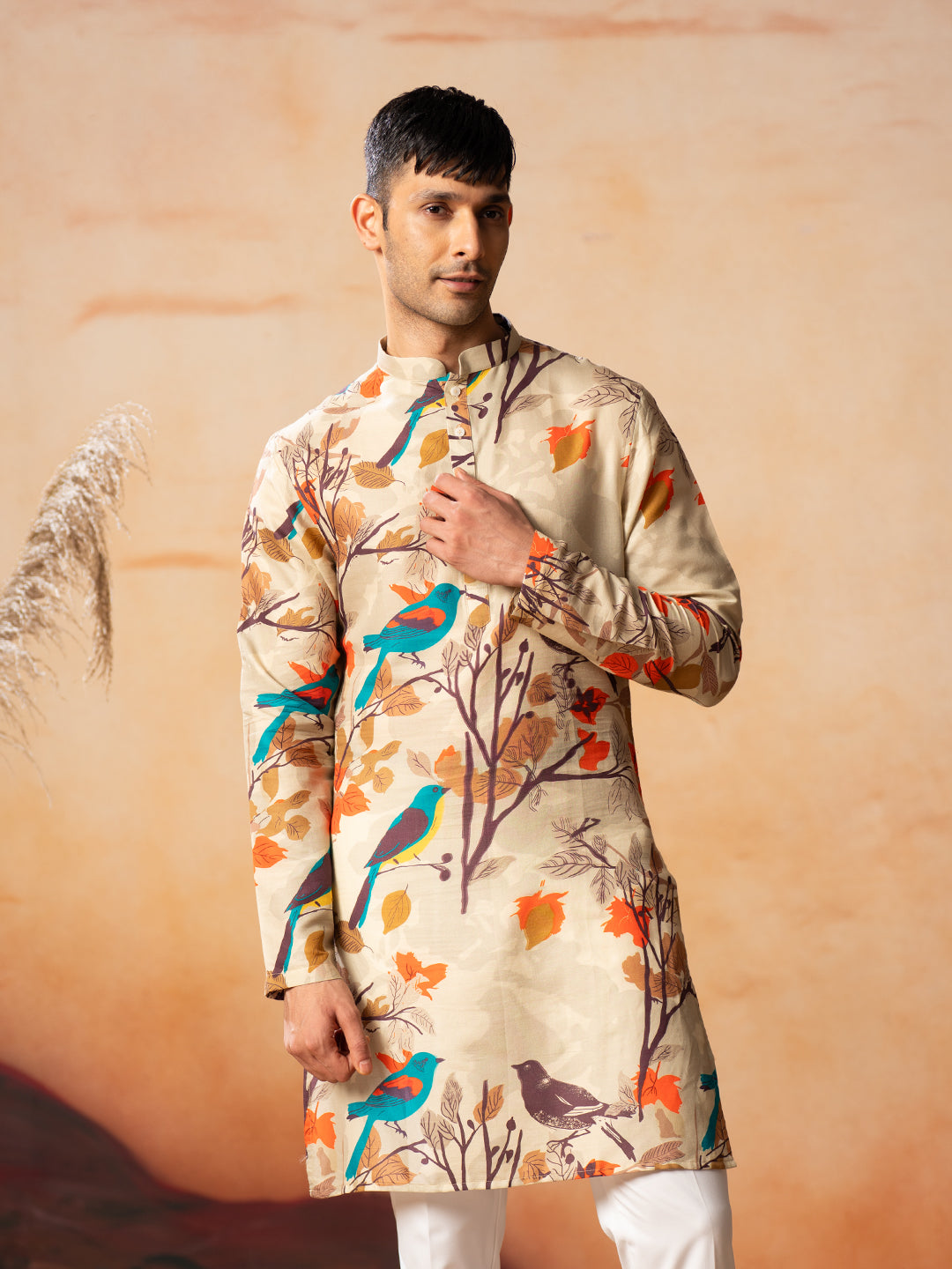 Serenity Bird Themed Print Cotton Kurta by Hilo Design | Grocsy