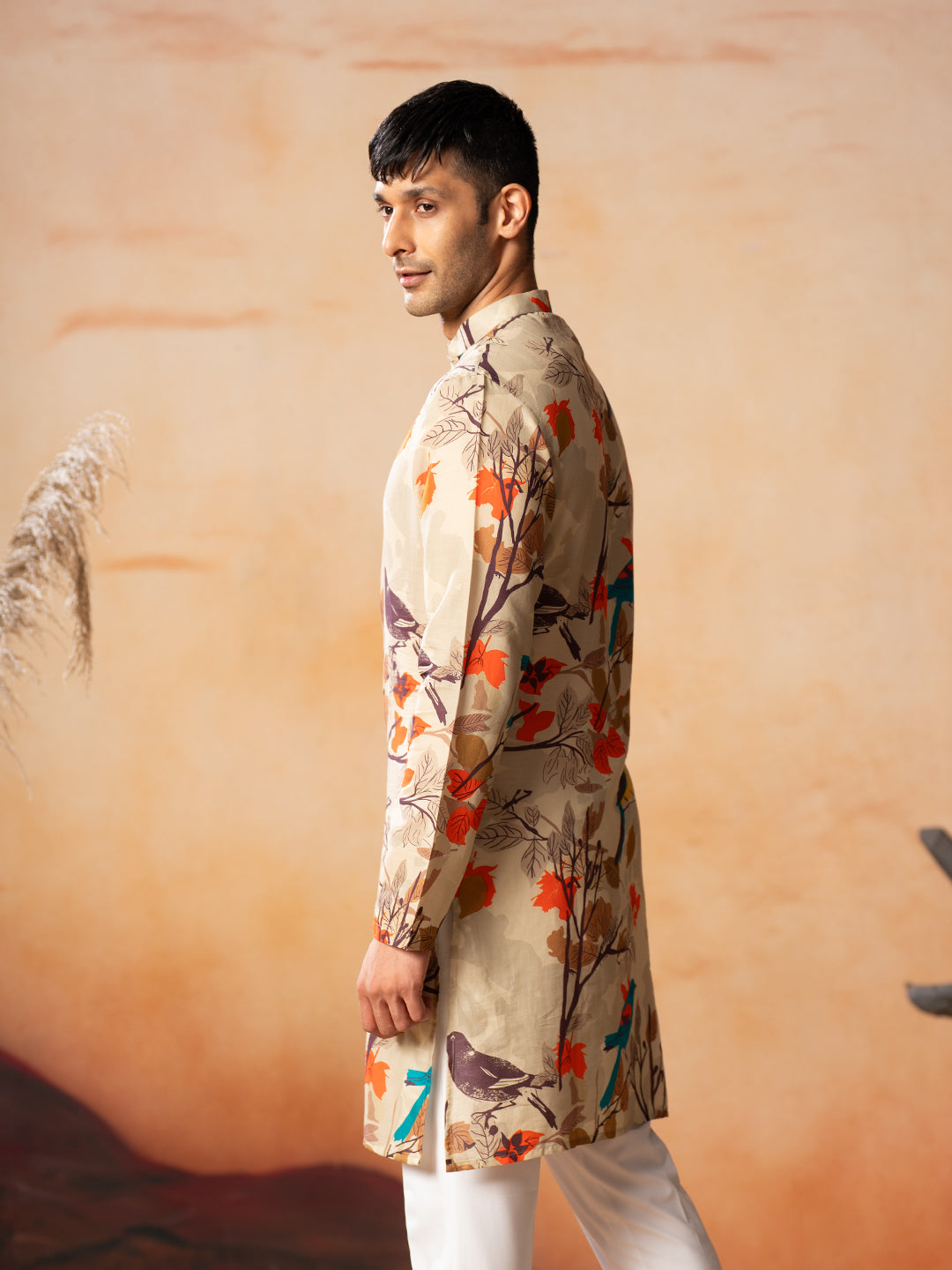 Serenity Bird Themed Print Cotton Kurta by Hilo Design | Grocsy