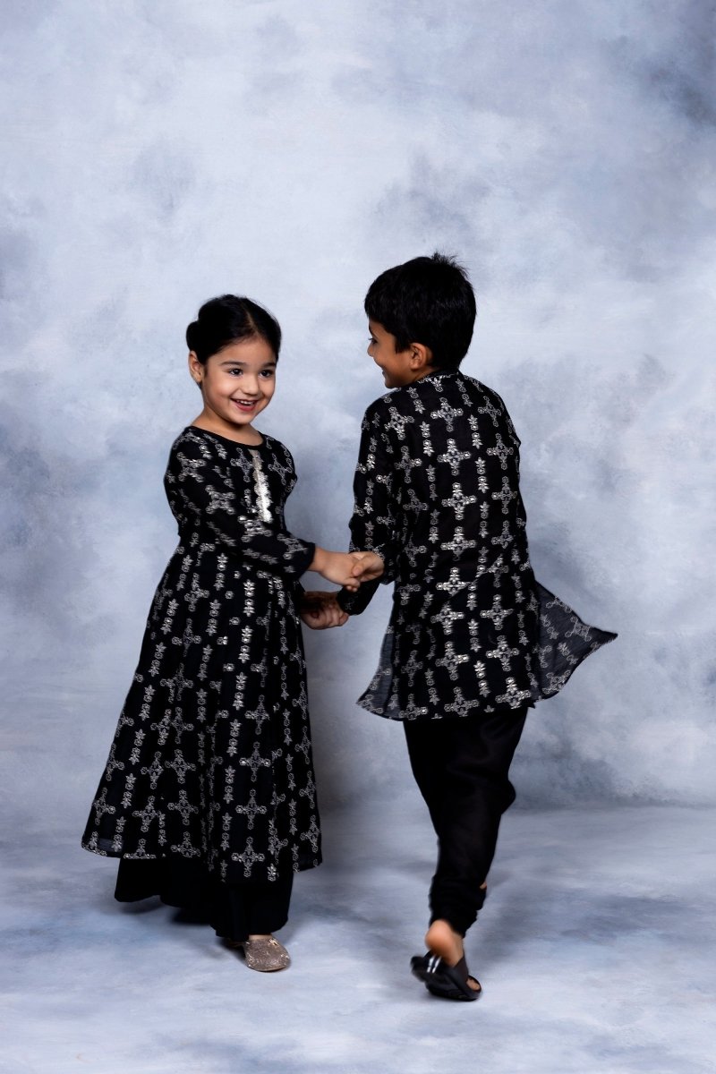 Ahalyaa Boys Black Chanderi Gold Printed Kids Kurta Churidar Set | Grocsy