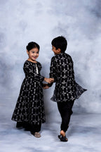Ahalyaa Boys Black Chanderi Gold Printed Kids Kurta Churidar Set | Grocsy
