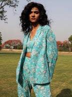 trueBrowns Turquoise Cotton Block Print Pant Suit Set | Grocsy