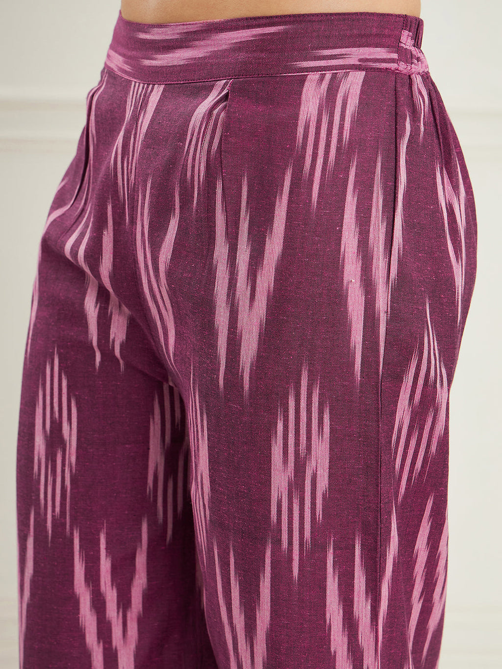 InWeave Women's Wine Ikkat Print V Neck Kurta Pant Set | Grocsy