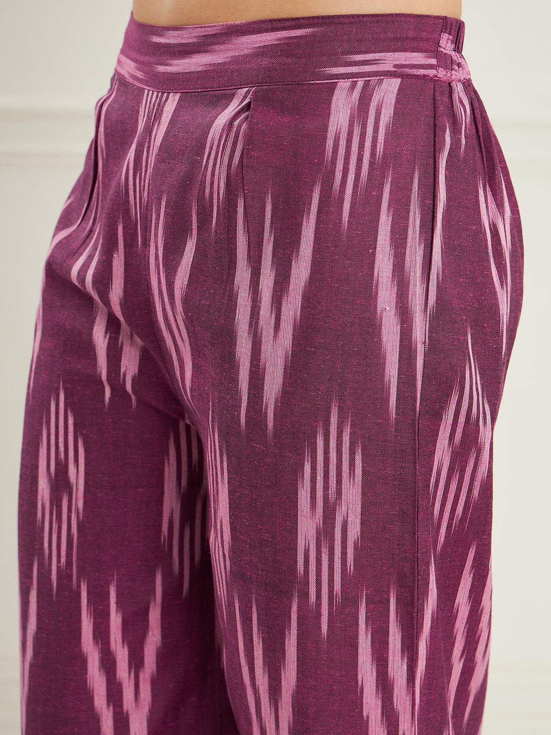 InWeave Women's Wine Ikkat Print V Neck Kurta Pant Set | Grocsy