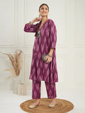 InWeave Women's Wine Ikkat Print V Neck Kurta Pant Set | Grocsy