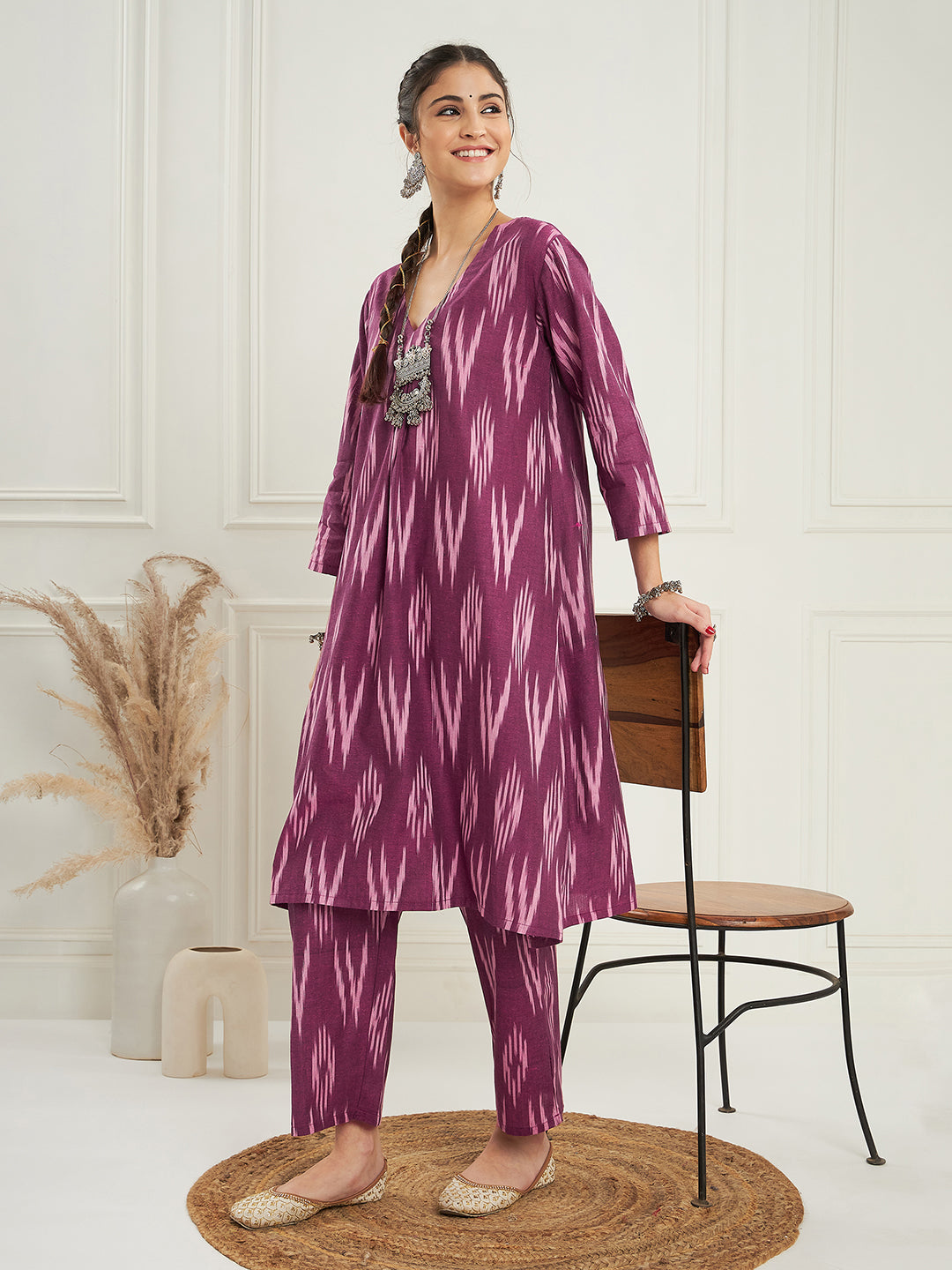 InWeave Women's Wine Ikkat Print V Neck Kurta Pant Set | Grocsy