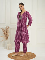 InWeave Women's Wine Ikkat Print V Neck Kurta Pant Set | Grocsy