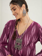 InWeave Women's Wine Ikkat Print V Neck Kurta Pant Set | Grocsy