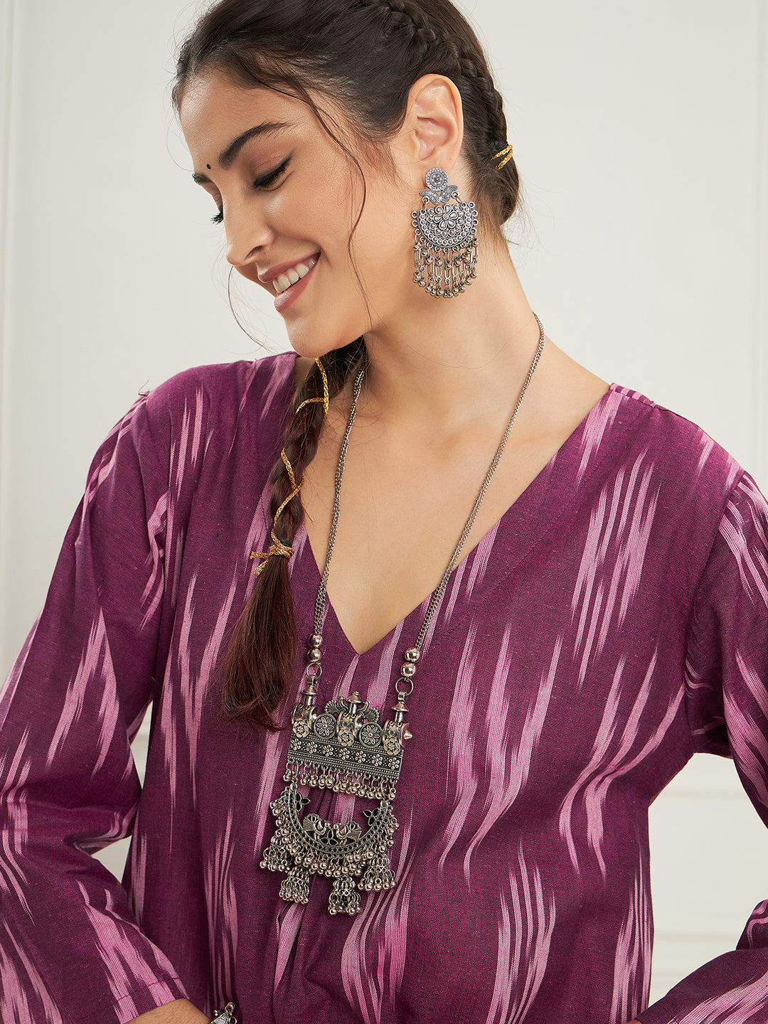 InWeave Women's Wine Ikkat Print V Neck Kurta Pant Set | Grocsy