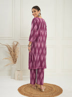 InWeave Women's Wine Ikkat Print V Neck Kurta Pant Set | Grocsy