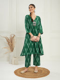 InWeave Women's Green Ikkat Print V Neck Kurta Pant Set | Grocsy
