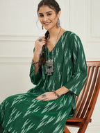 InWeave Women's Green Ikkat Print V Neck Kurta Pant Set | Grocsy