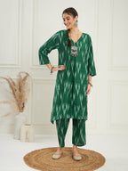 InWeave Women's Green Ikkat Print V Neck Kurta Pant Set | Grocsy