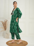 InWeave Women's Green Ikkat Print V Neck Kurta Pant Set | Grocsy