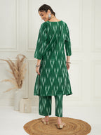 InWeave Women's Green Ikkat Print V Neck Kurta Pant Set | Grocsy