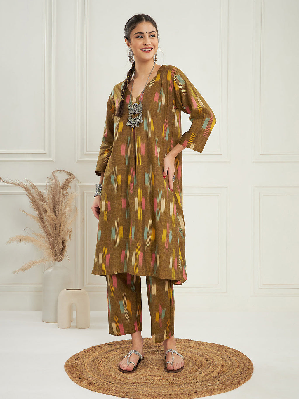 InWeave Women's Olive Ikkat Print V Neck Kurta Pant Set | Grocsy